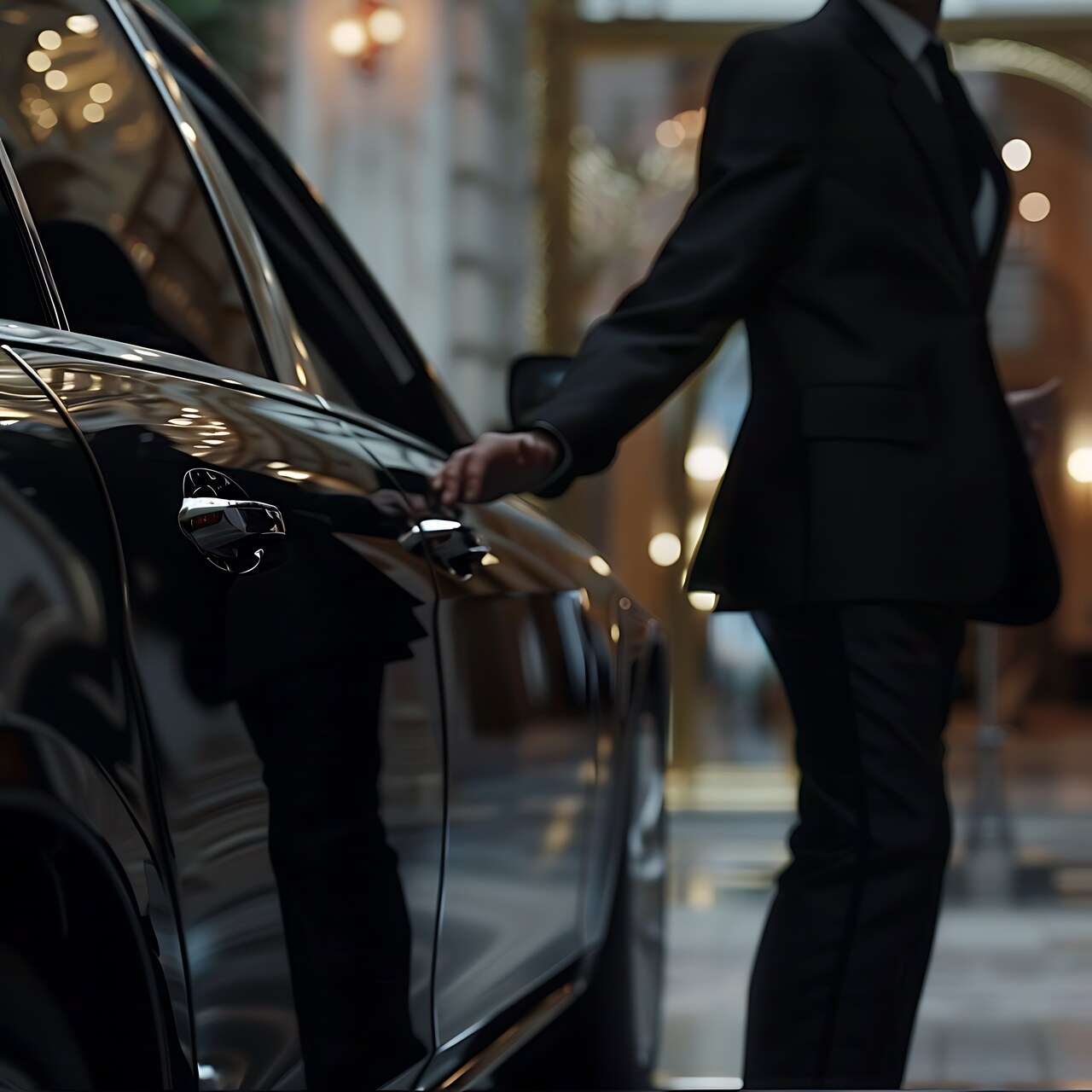 Executive chauffeur opening luxury car door